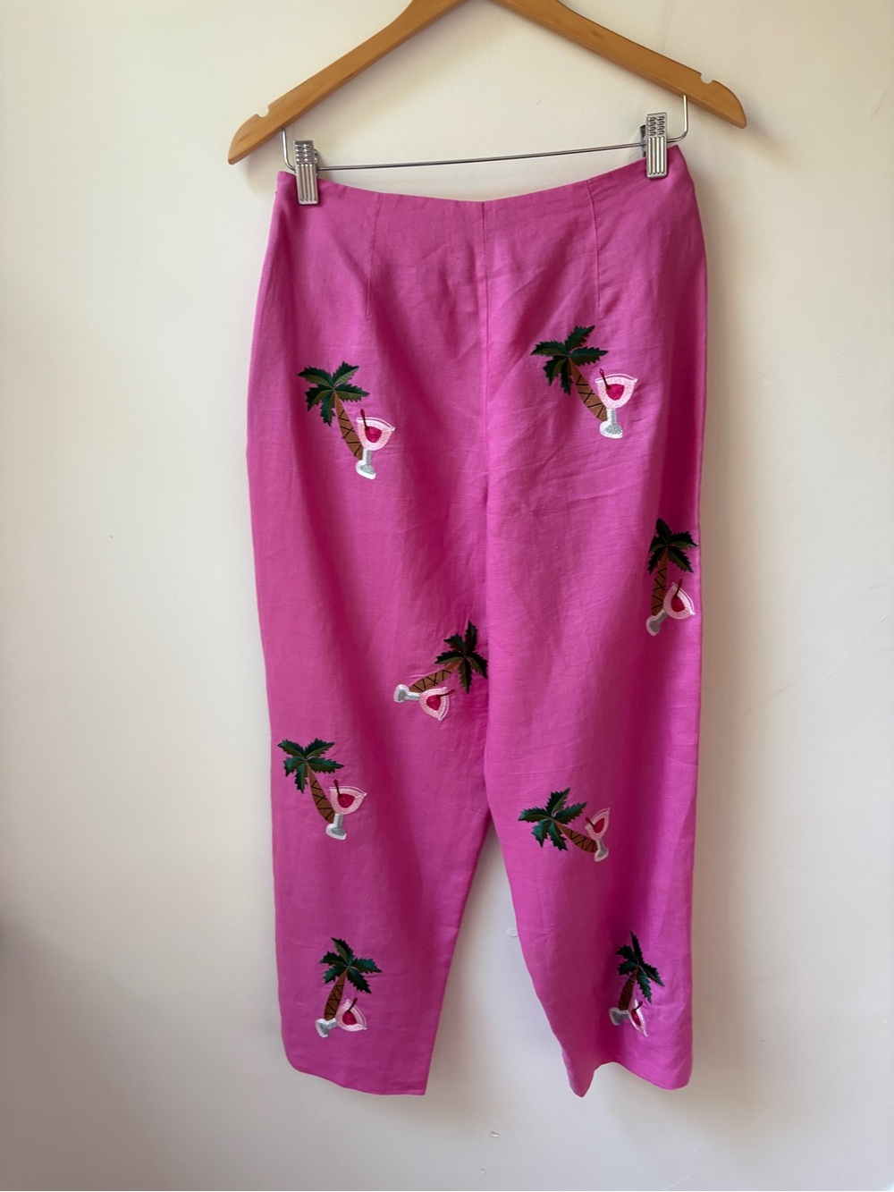 Linen Embroidered Palm-Print Cropped Pants - Picture 3 of 12
